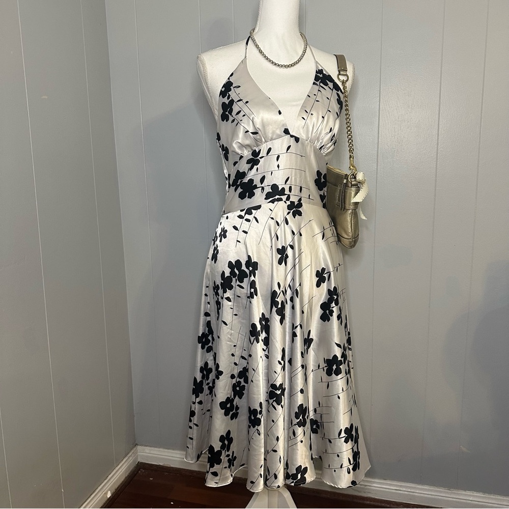 White & Black Floral Halter Midi Dress | Satin Look | Size S